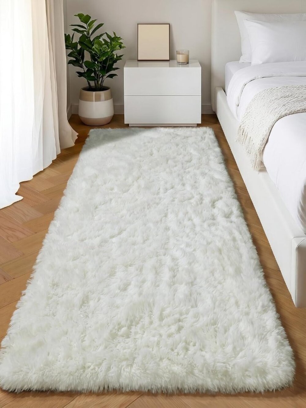 Cream White Faux Fur Fluffy Runner Rug